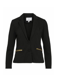 Blazer nero con un design aderente, revers a scendere e tasche con zip dorate. Realizzato in tessuto morbido, presenta due bottoni frontali.