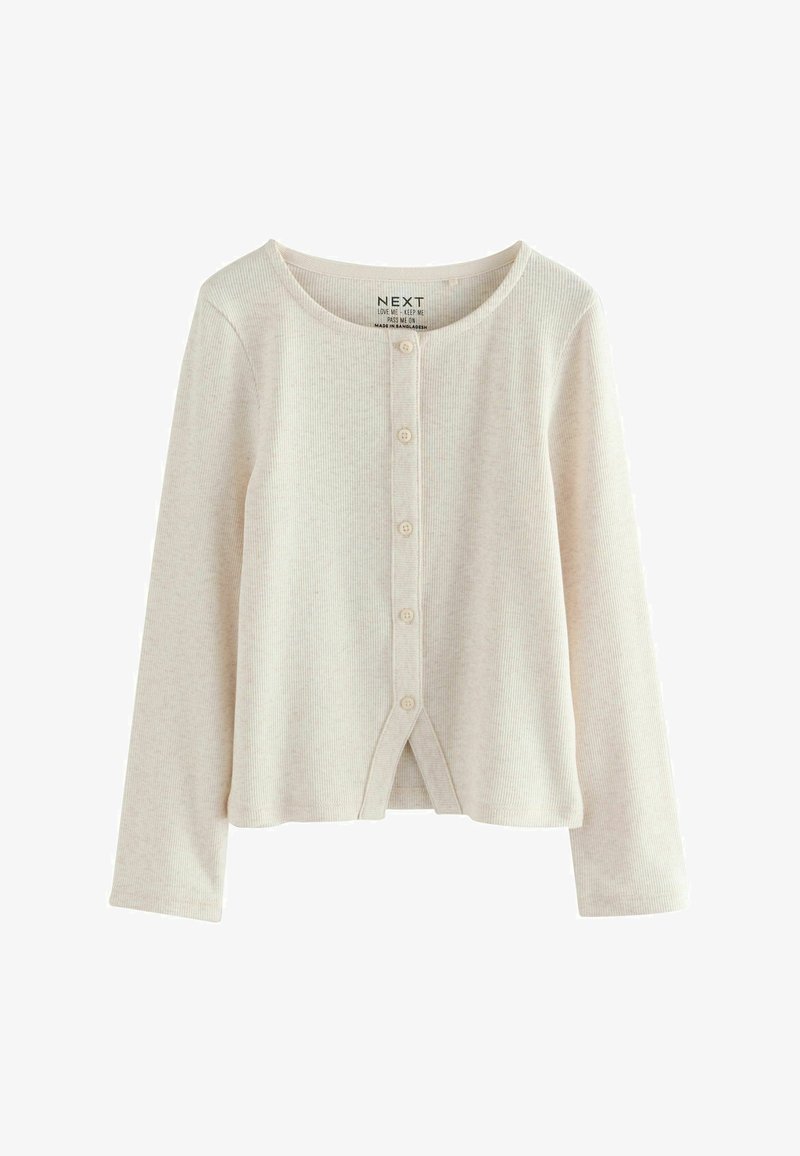 Kremowy, prążkowany kardigan z długim rękawem, okrągłym dekoltem, zapięciem na guziki z przodu oraz małym, trójkątnym rozcięciem u dołu.