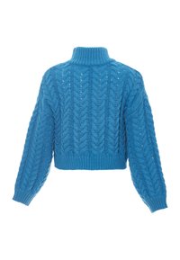 Kurz geschnittene Pullover in leuchtendem Blau, mit hohem Kragen, Kabelstrickstruktur und gerippten Bündchen und Saum.