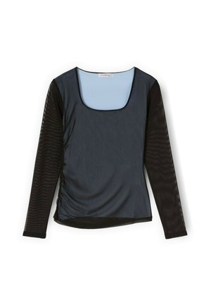 Langsleeve top met een donkerblauwe voorkant en doorschijnende zwarte textuursleeves. Voorzien van een vierkante halslijn en geraffineerde details aan de zijkant.