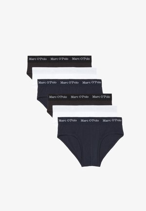 Zwarte, marineblauwe en witte katoenen sliponderbroeken met gelogodeerde taillebanden, gestapeld en met verschillende kleurplaatsingen en ontwerpen.