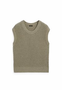 Ærmeløs, olivengrøn jumper lavet af struktureret strik, med rund hals og ribbet kant. Enkelt, minimalistisk design.