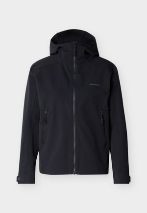 Jachetă neagră cu glugă și fermoar, prevăzută cu două buzunare laterale cu fermoar și manșete reglabile, cu logo subtil Salomon pe piept și mânecă.