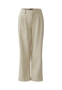Beige, hochtaillierte Hose mit geradem Bein, featuring eine glatte Textur, Vorderfalten und Taschen an den Seiten.