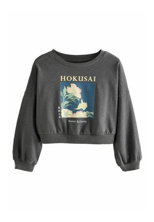 Grauer, verkürzter Sweatshirt mit langen, puffigen Ärmeln. Mit einem Hokusai-Druck von Blumen und Text. Hergestellt aus weichem, strukturiertem Stoff.