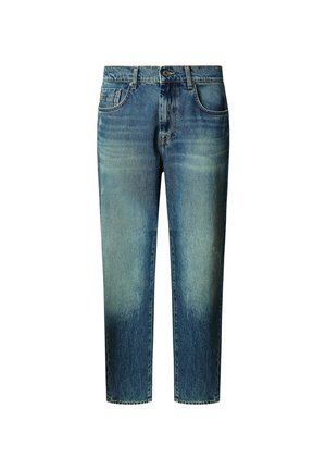 Blauwe denim jeans met een vervaagde wassing, rechte pijpen, vijf zakken, riemlussen en een knoopsluiting in de taille.