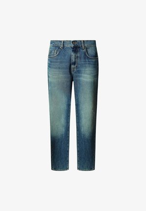 Blaue Denim-Jeans mit einem ausgewaschenen Finish, geradem Bein, fünf Taschen, Gürtelschlaufen und einem Knopfverschluss an der Taille.