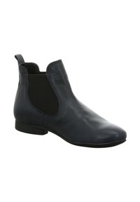Navyblaue Leder Chelsea-Boots mit elastischen Seitenpaneelen und einem niedrigen schwarzen Absatz. Glatte Oberfläche; elegantes, spitz zulaufendes Design.