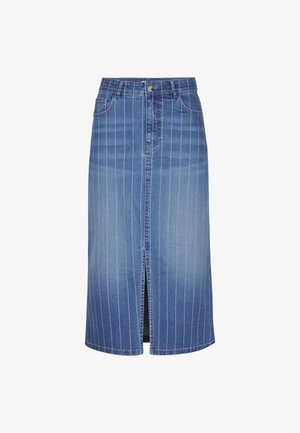 Denimrok met verticale witte strepen, knielang, met een voorkeursplits en een traditionele vijf-pocketontwerp. Lichtblauwe kleur.