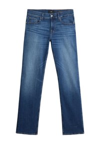 Blå denimjeans med rak ben design, som har fem fickor, subtil blekning och kontrasterande sömmar längs sömmarna.