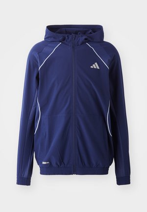 Navy blue athletic jacket with a hood, zip closure, and white accent lines; features breathable mesh panels and elastic cuffs.