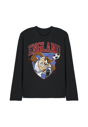Black long-sleeve shirt with "ENGLAND" in red above a cartoon character kicking a black and white soccer ball.