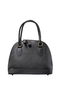 Borsa a mano nera in pelle con texture ciottolata, forma arrotondata, doppi manici superiori e dettagli in metallo dorato. Chiusura con zip nella parte superiore.