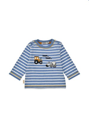 Blau gestreiftes Langarmhemd aus Baumwolle. Mit gelben Akzenten und maschinenbestickten Bildern von Lastwagen und Baustellen sowie Text.