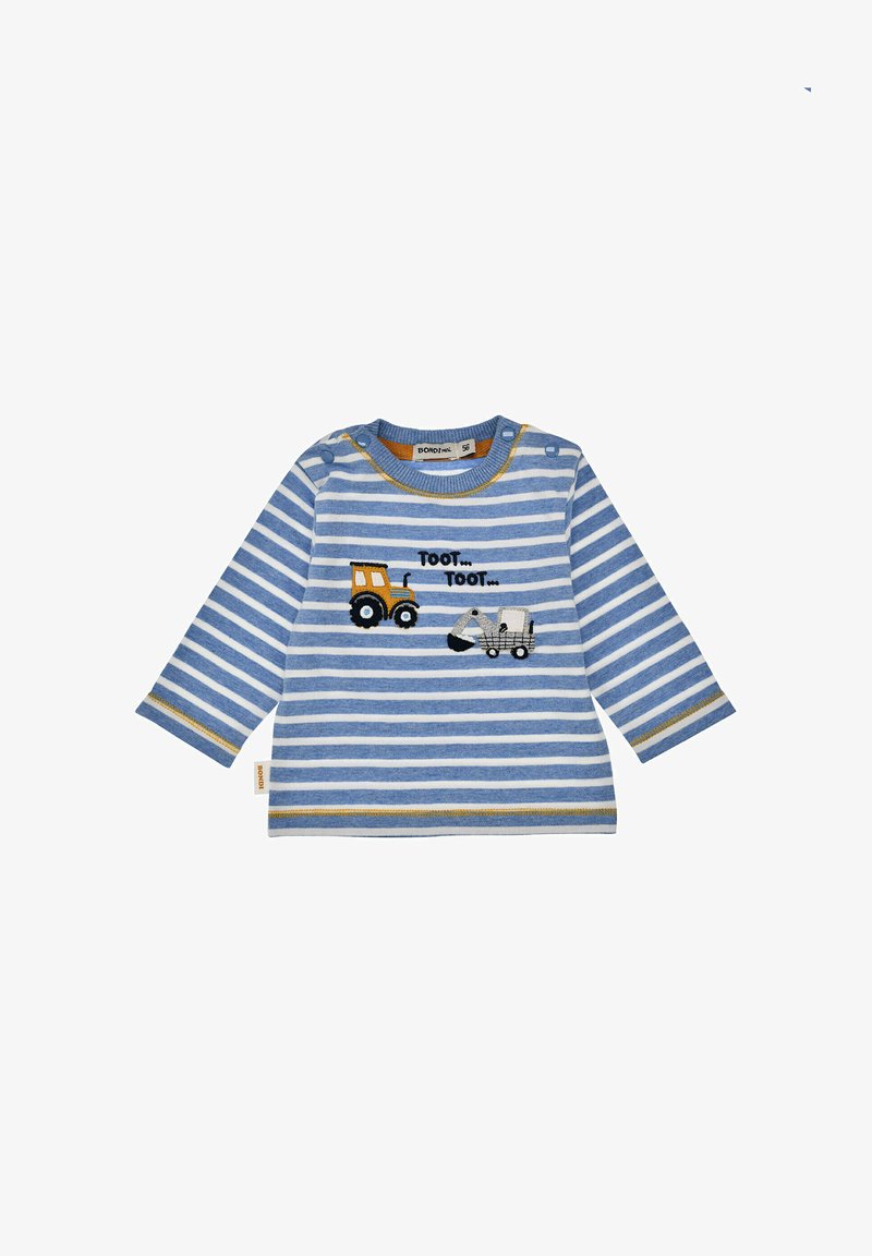 Blau gestreiftes Langarmhemd aus Baumwolle. Mit gelben Akzenten und maschinenbestickten Bildern von Lastwagen und Baustellen sowie Text.