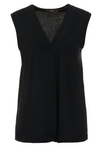 Débardeur noir sans manches avec un décolleté en V profond, fabriqué en tissu doux. Il présente une coupe décontractée et un design épuré et minimaliste.