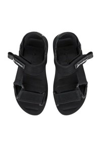 Infradito neri realizzati in materiale sintetico, con design open-toe e cinturini regolabili in Velcro per una vestibilità sicura. Suola testurizzata per una buona aderenza.