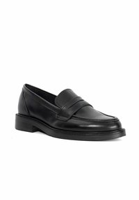 Black leather loafers with a rounded toe, featuring a stitched moccasin design and a low, solid heel. Smooth texture with minimal accents.