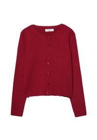 Red knit cardigan with a crew neckline, front button closure, and a cropped design. Features textured fabric and round buttons.