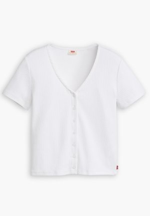 Witte, korte mouw geribbelde cardigan met knopen, V-hals en klein rood Levi's-label aan de zijnaden.