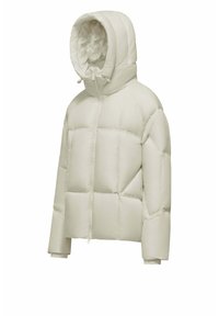 Licht beige pufferjack met een capuchon, met een gestikt ontwerp, ritssluiting aan de voorkant en elastische manchetten. Zachte, gladde buitenkant.