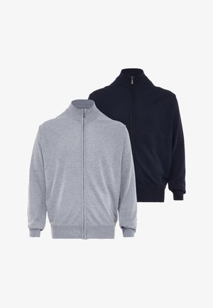 Zwei langärmlige Reißverschluss-Pullover, einer hellgrau und einer schwarz, jeweils mit hohem Kragen sowie gerippten Bündchen und Saum.