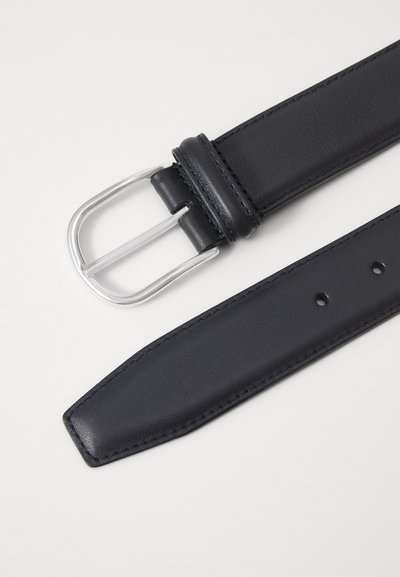 Black leather belt with a silver metal buckle, smooth texture, rounded strap end, and evenly spaced holes for adjustment.