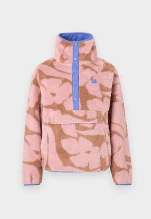 Fleece sweater with a floral pattern in pink and brown, featuring a high collar, blue button closure, and a front pocket.