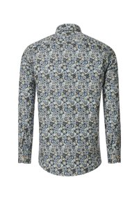 Long-sleeve shirt featuring a floral pattern with blue, green, and beige tones. Cotton material with a collared neck and button details.