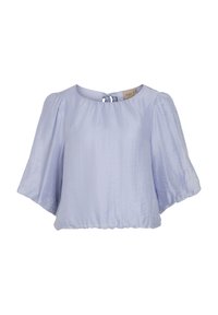 Bluză scurtă cu mâneci, de culoare albastru deschis, dintr-un material moale. Are un guler rotund, mâneci puff culcate, și un închizător tip ușă la spate.