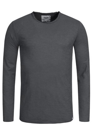 Długi rękaw, ciemnoszary T-shirt z miękkiego materiału, z okrągłym dekoltem i delikatnie teksturowaną powierzchnią. Mała naszywka z logo na dolnym brzegu.