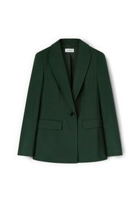 Blazer su misura verde scuro con rever a contrasto, chiusura con un bottone, due tasche frontali e tessuto liscio.