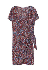 Robe à manches courtes présentant un motif floral vibrant rouge, bleu et noir, avec un détail de lien sur le côté et une coupe décontractée. Confectionnée dans un tissu léger.