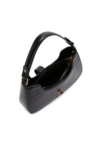 Borsa nera in materiale tessurizzato con motivo a rombi, parte superiore curva, dettagli in hardware dorato e uno scomparto con cerniera. Materiale in pelle sintetica.