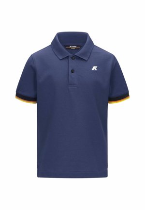Polo blu navy a maniche corte con due bottoni neri, piccolo logo bianco sul petto e polsini a righe gialle, arancioni e nere.
