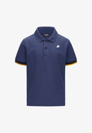 Polo blu navy a maniche corte con due bottoni neri, piccolo logo bianco sul petto e polsini a righe gialle, arancioni e nere.