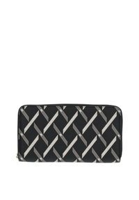 Portafoglio nero con un motivo geometrico grigio, realizzato in materiale durevole, con chiusura a zip e accenti del logo.