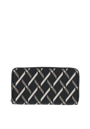 Portafoglio nero con un motivo geometrico grigio, realizzato in materiale durevole, con chiusura a zip e accenti del logo.