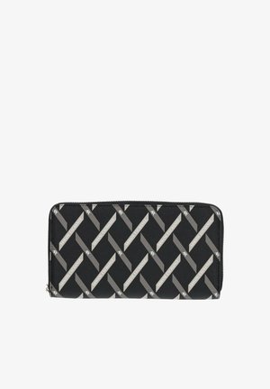 Portafoglio nero con un motivo geometrico grigio, realizzato in materiale durevole, con chiusura a zip e accenti del logo.