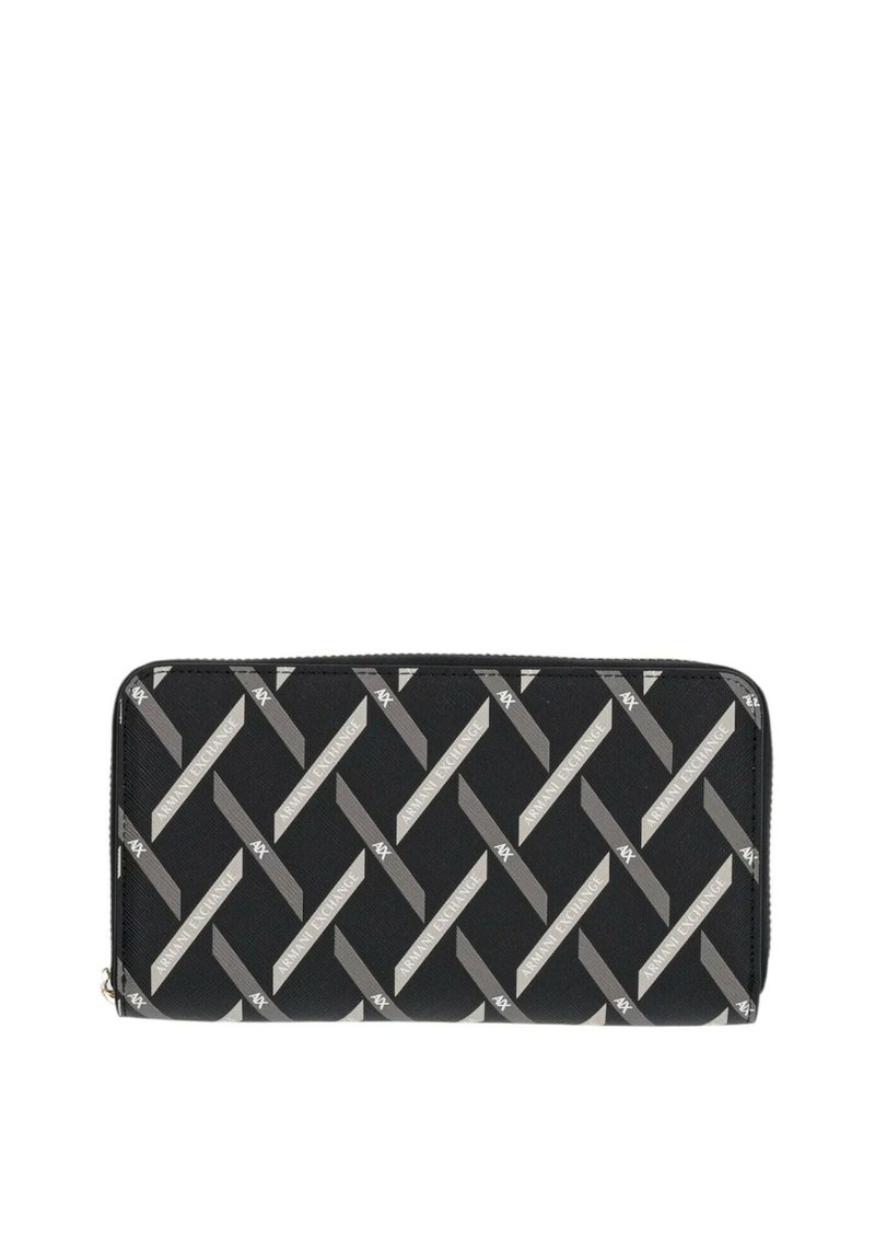 Portafoglio nero con un motivo geometrico grigio, realizzato in materiale durevole, con chiusura a zip e accenti del logo.
