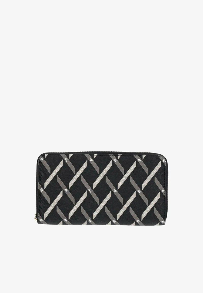 Portafoglio nero con un motivo geometrico grigio, realizzato in materiale durevole, con chiusura a zip e accenti del logo.