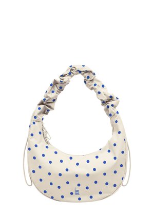 Borsa beige a forma di mezzaluna con pois blu, manico arricciato, chiusura con zip e scritta ""GOT BAG"" al centro davanti.
