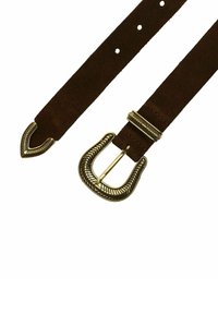 Leren bruine suede riem met een gestructureerde gouddip gespsluiting met een decoratieve rand en een puntige punt. Het heeft meerdere aanpassingsgaten.