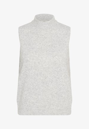 Hele hall turtlenecki ilma varrukatega sviiter, mis on tehtud pehmest kangast, ribakujundusega ja sirge äärega. Ilma nähtavate mustrite või metallosadeta.