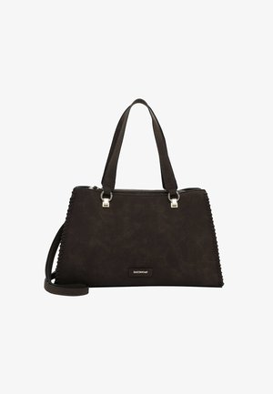 Schwarze, strukturierte Tragetasche mit zwei Griffen, Reißverschluss und silbernen Metallakzenten; verfügt über dekorative Nähte entlang der Seiten.