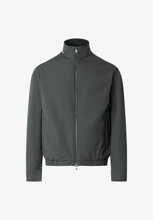 Chaqueta gris oscuro con cremallera, cuello alto, mangas largas, bolsillos laterales y dobladillo elástico, exhibida sobre un fondo blanco.