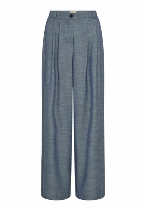 Pantalons larges en tissu texturé bleu clair. Comprend des plis avant, une fermeture à bouton et une taille structurée.