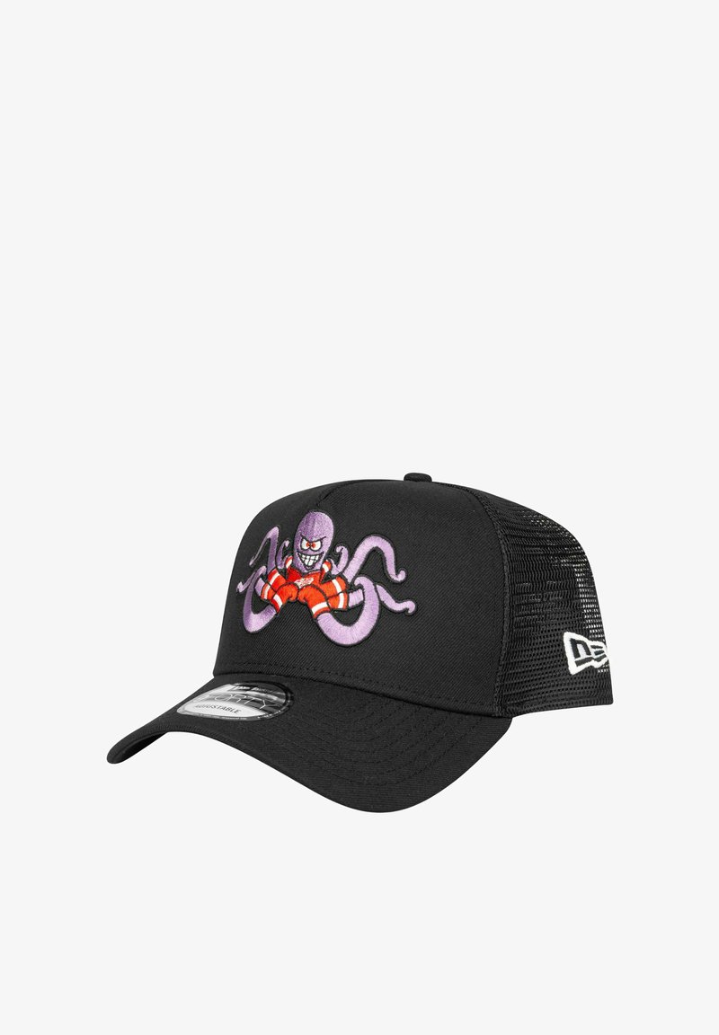 Schwarze Kappe mit lila Oktopus-Stickerei und roten Akzenten, Netzrücken, gebogenem Schirm und Snapback-Verschluss für eine verstellbare Passform.