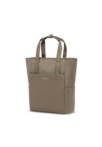 Bruine totebag met dubbele handvatten, gemaakt van gestructureerd materiaal. Heeft een voortasje en zijvakken voor extra opbergruimte.