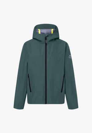 Mørkegrønn hettejakke med svart glidelås foran, to glidelåslommer på sidene, og en liten hvit logo på venstre erme.